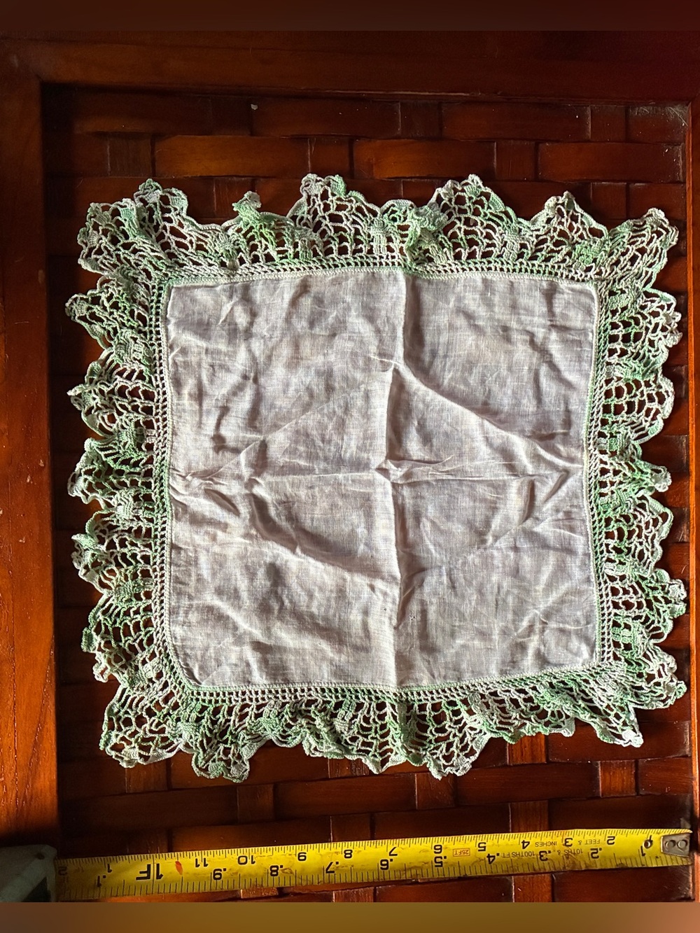 Vintage Hand-Crocheted Edge Square Mat 11" White Fabric & Green Lace Trim